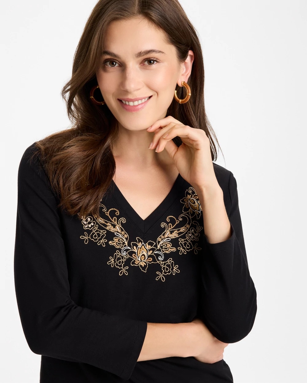 Embroidered Cotton Stretch 3/4 Sleeve Tee