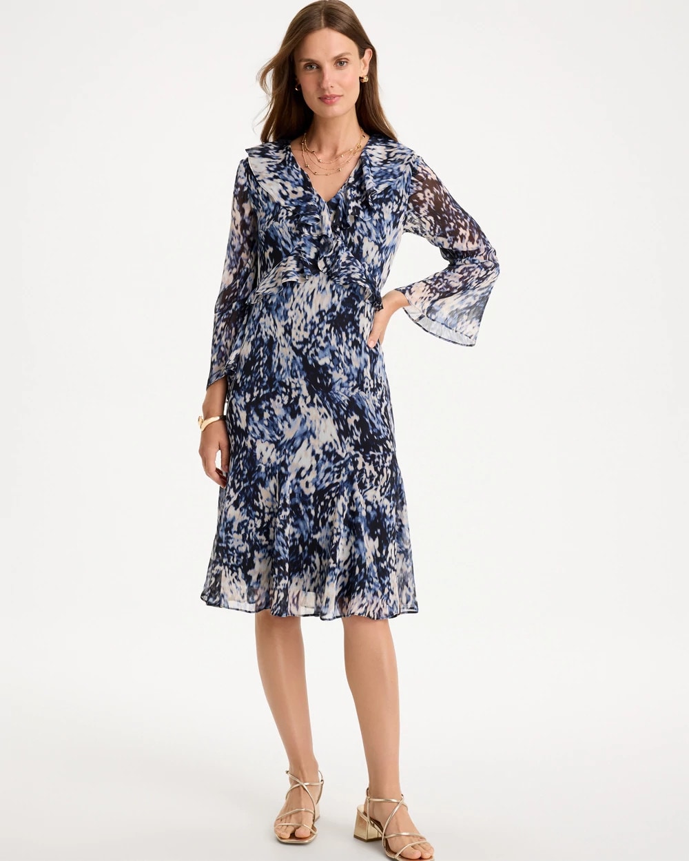 Chiffon Ruffled-Surplice Godet Dress