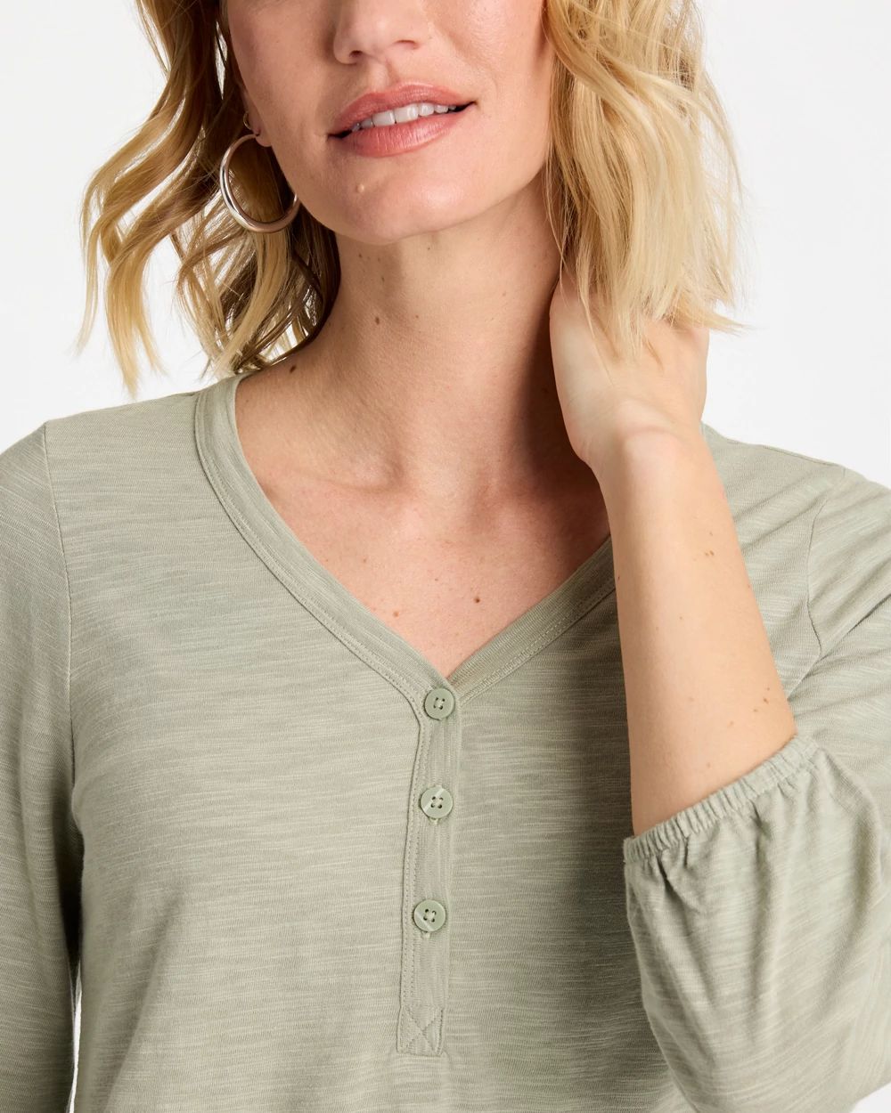 Puff Sleeve Cotton Slub Henley Tee click to view larger image.