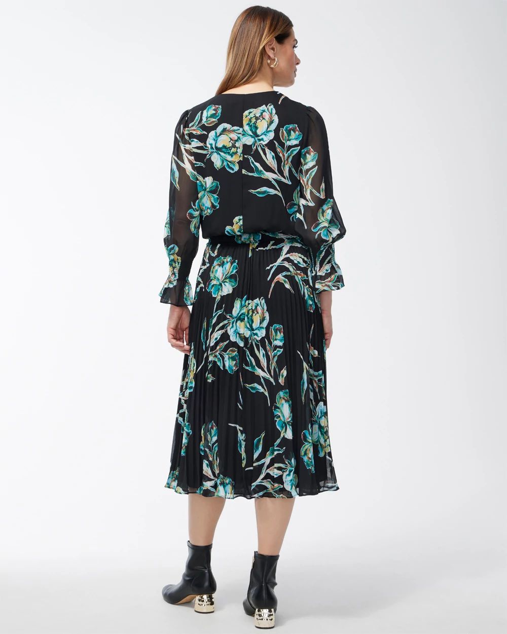 Crepe Pleated Floral Midi Dress