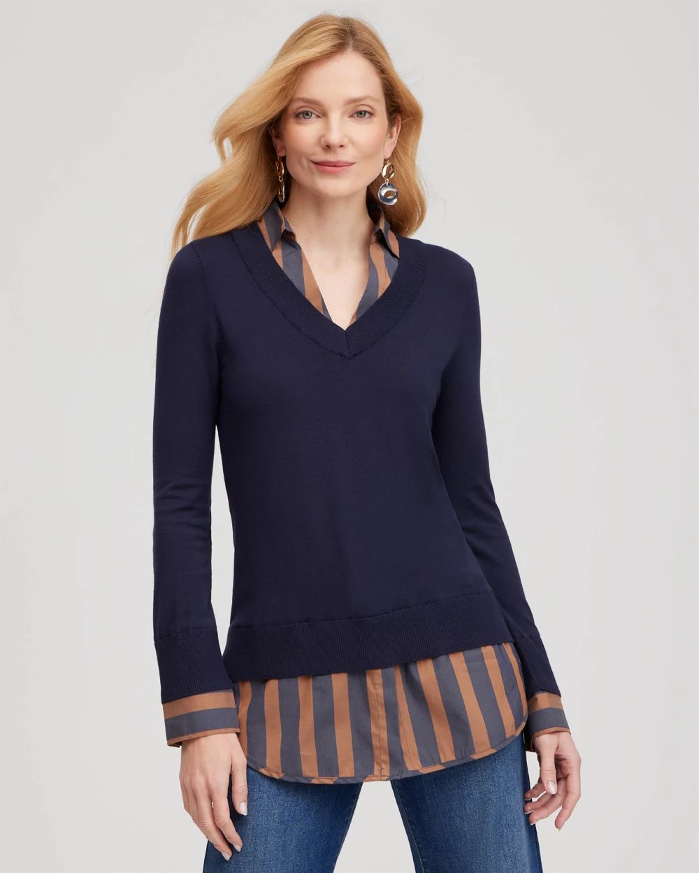 Stripe Built-in Shirt Sweater