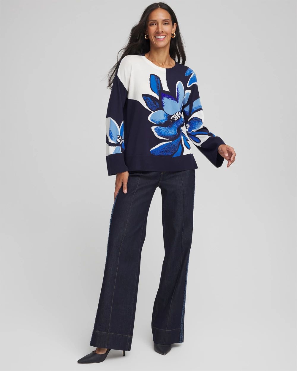 Floral Intarsia Crewneck Pullover click to view larger image.