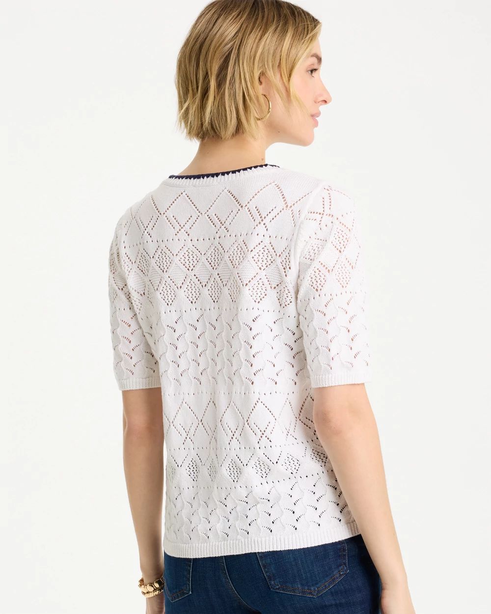 Pointelle Blanket-Stitch Pullover Sweater click to view larger image.