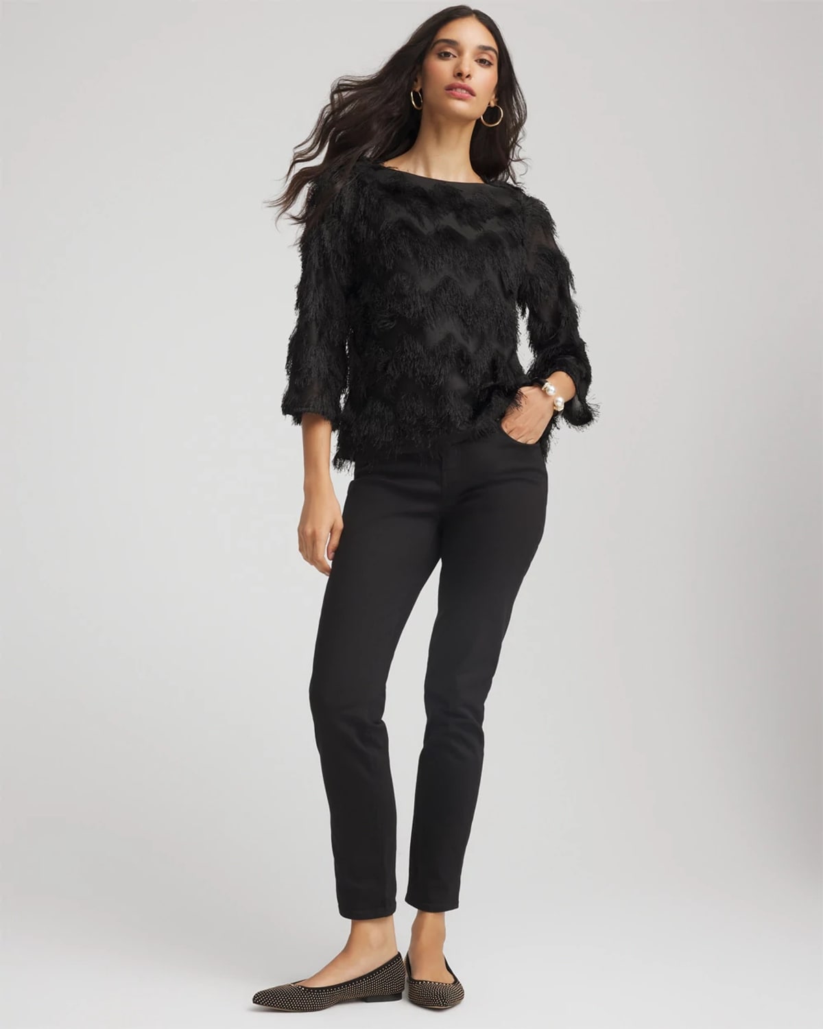 Chico's Chevron Fringe Party Top In Black In Black