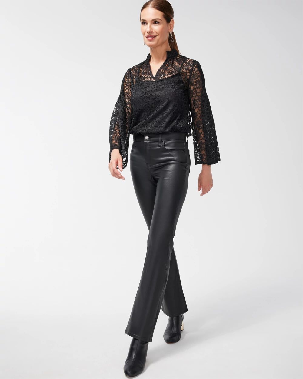 Petite Girlfriend Coated Denim Flare Jeans