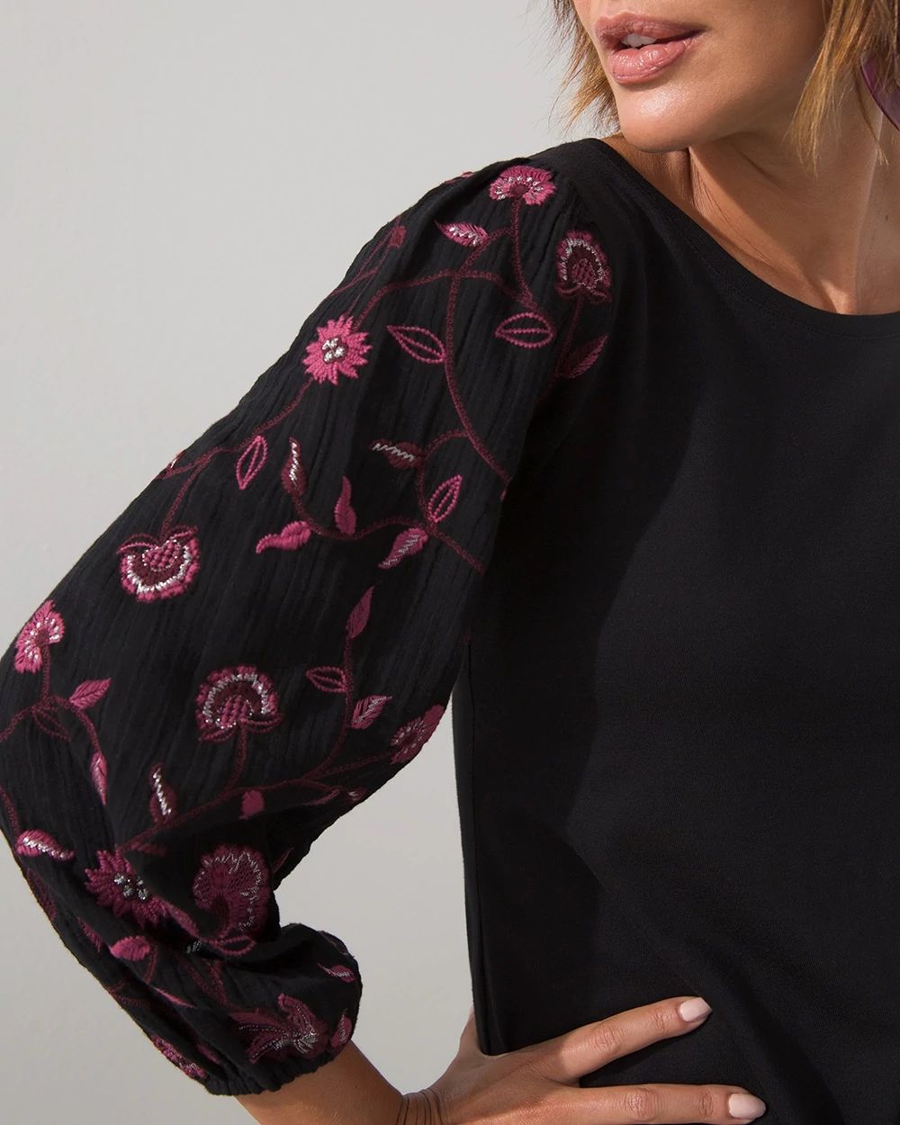 Embroidered Sleeve Knit Top