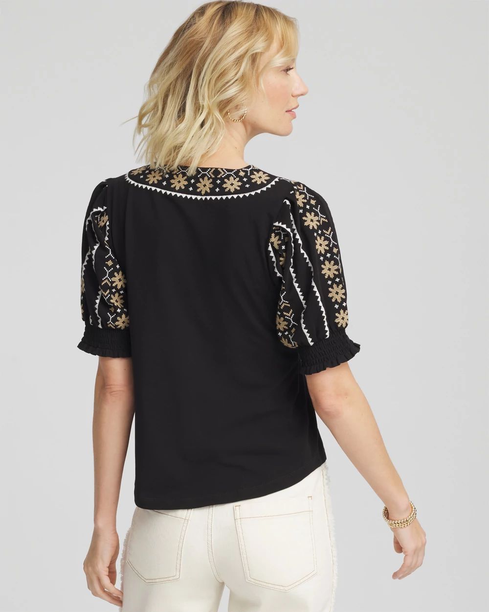 Embroidered Smocked-Sleeve Tee