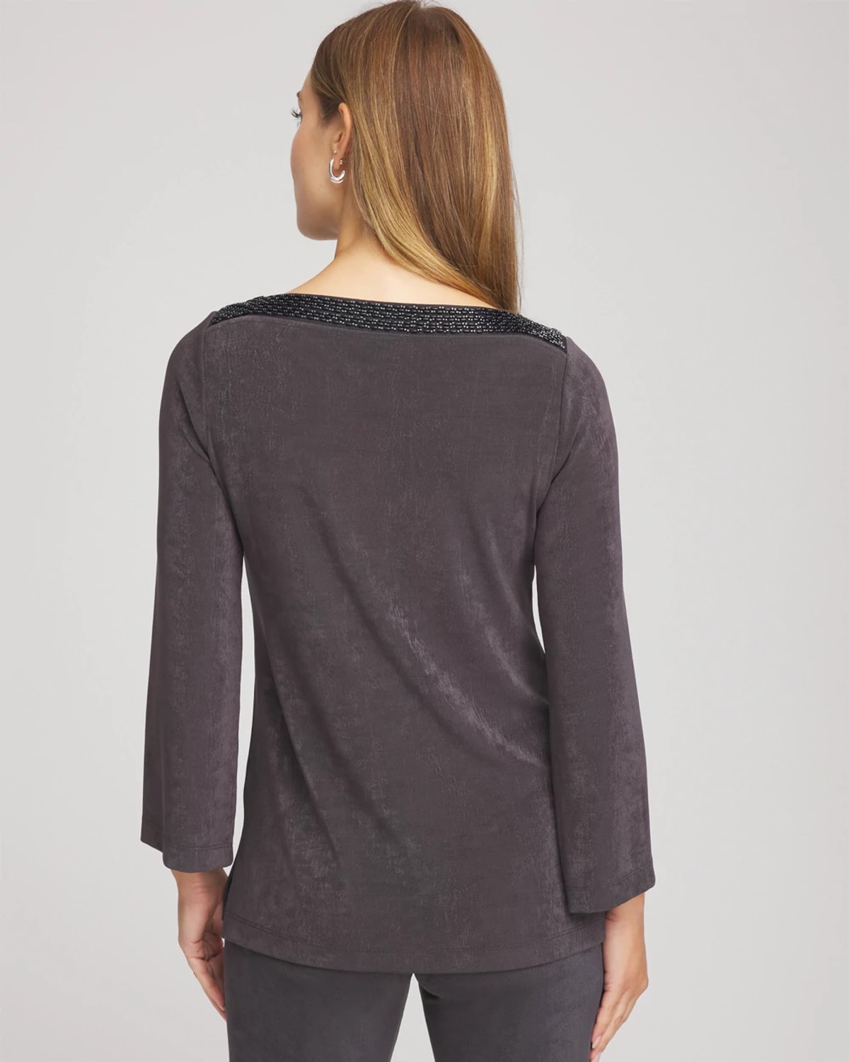 Chico's Travelers Koia Pearl Beaded Tunic In Serene Gray