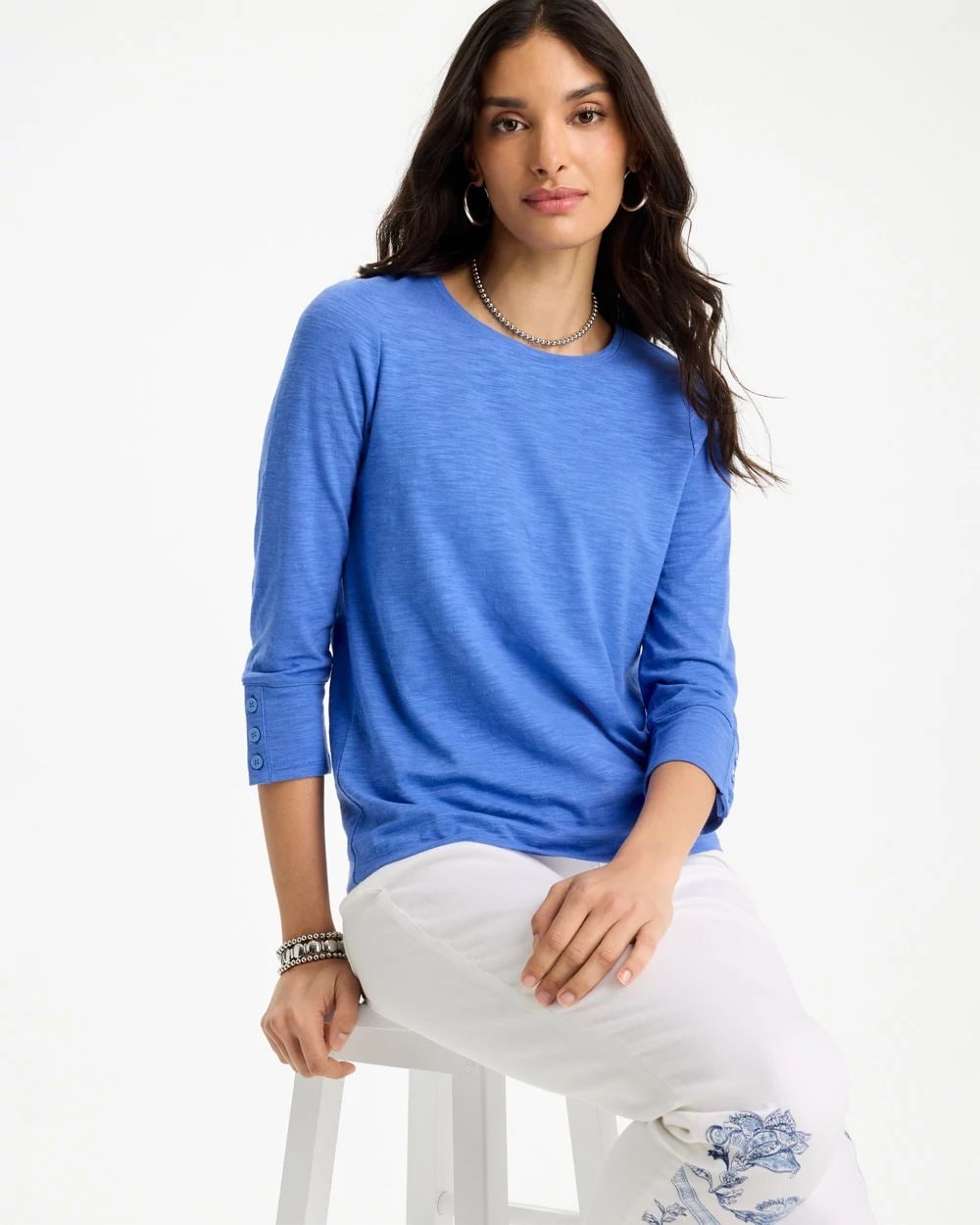 Cotton Slub 3/4 Sleeve Button Tee click to view larger image.