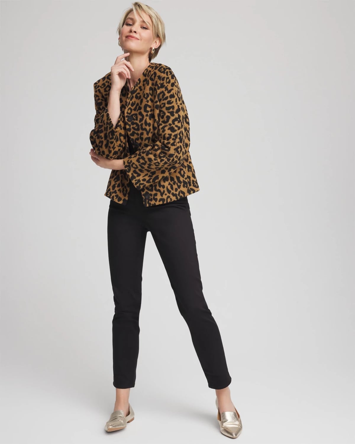 Chico's Fuzzy Collarless Animal Print Jacket In Tan In Animal Print