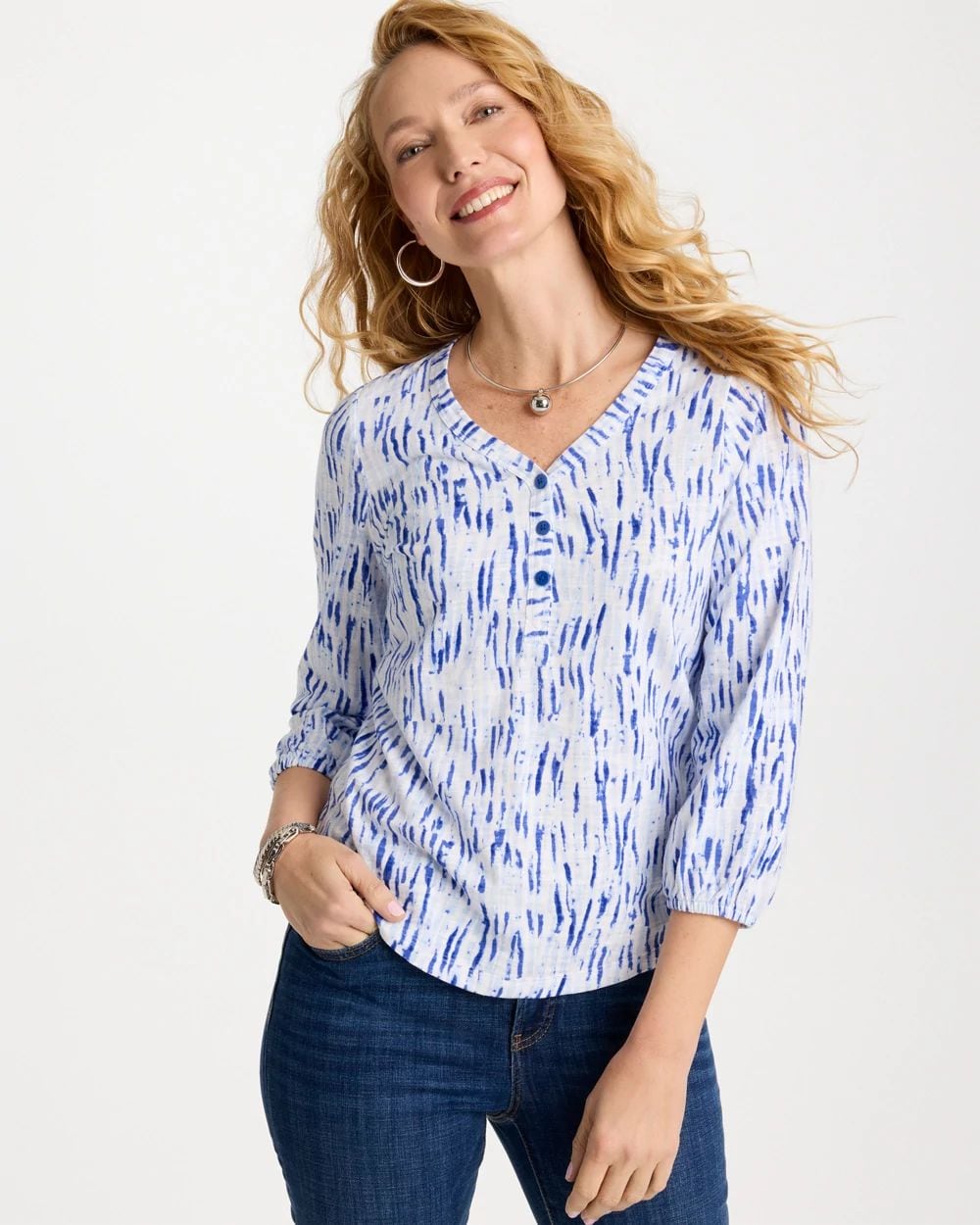 Printed Puff Sleeve Slub Henley