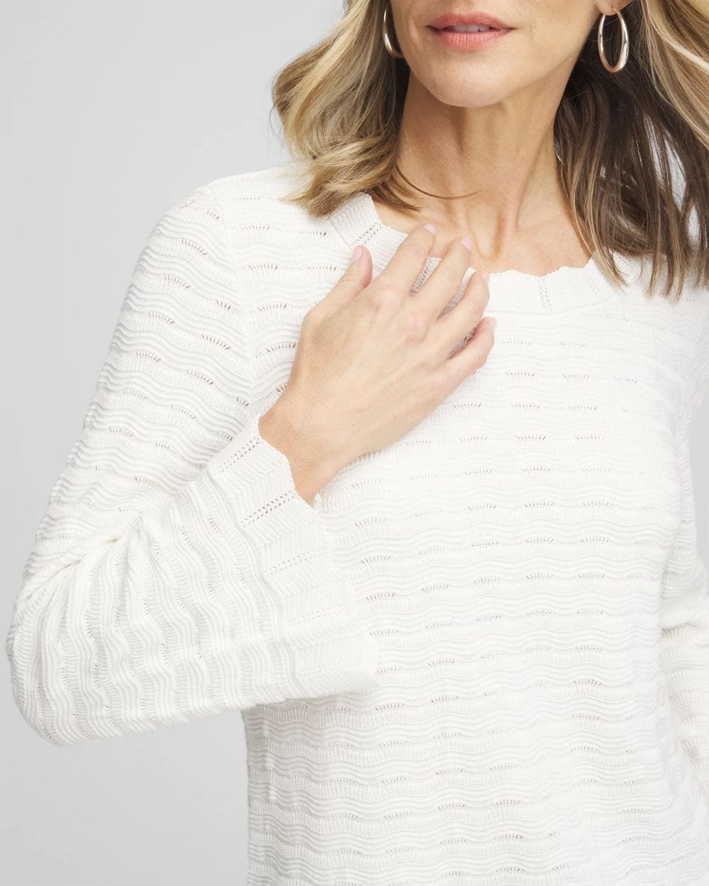 Pointelle Scalloped Hem Flare Sleeve Pullover