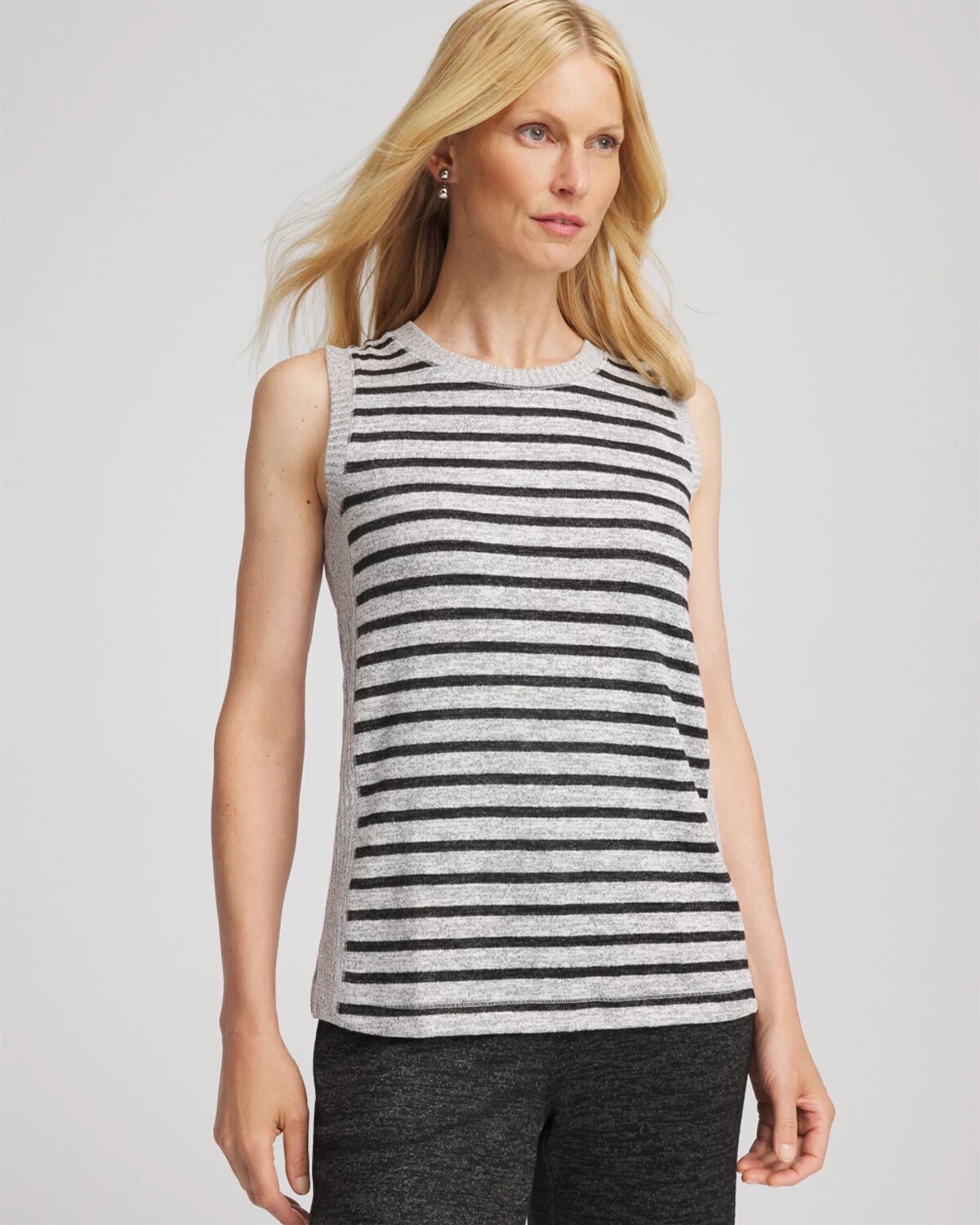 Chico's Striped Crewneck Tank In Salt/pepper