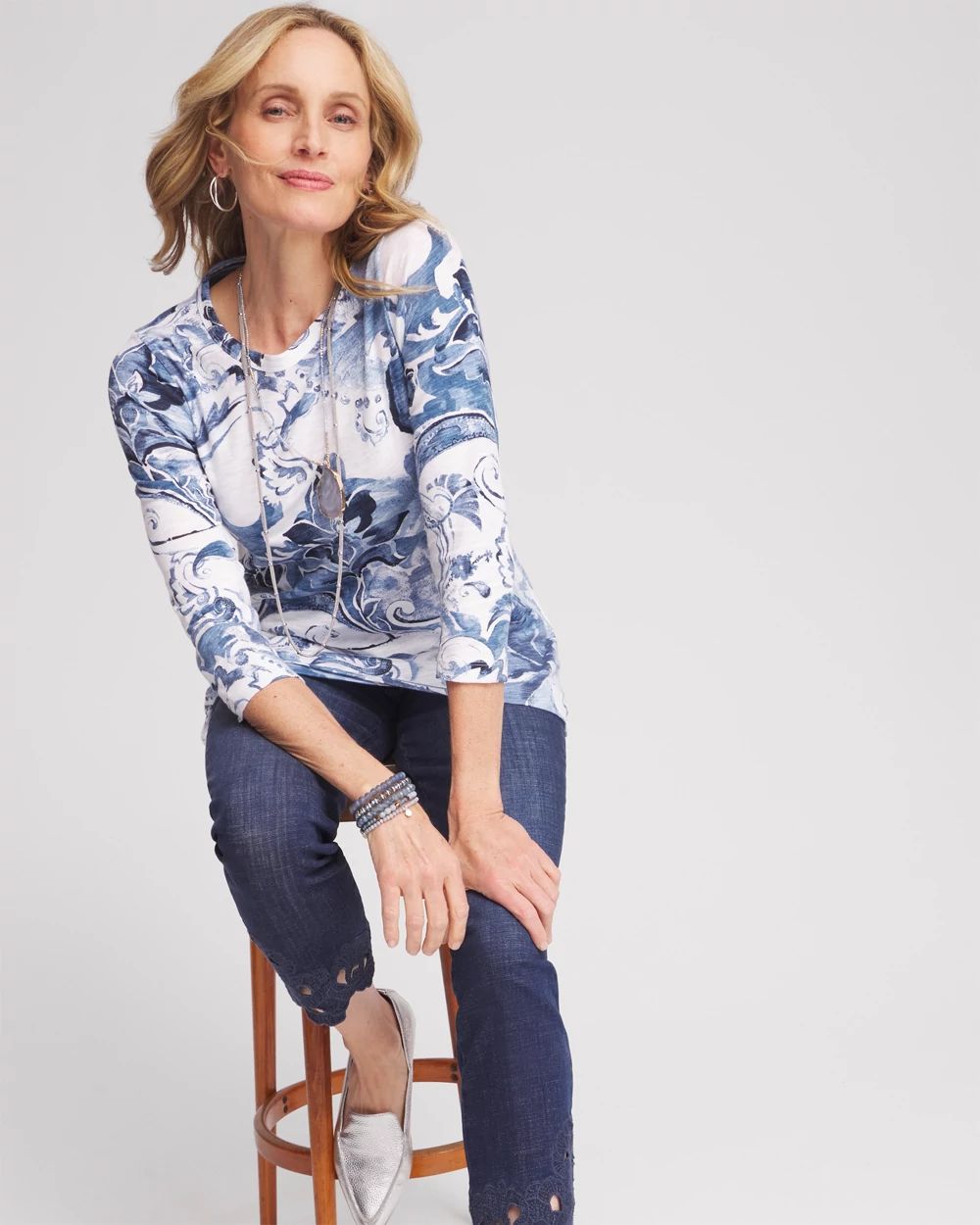 3/4 Sleeve Floral Overlap Tunic