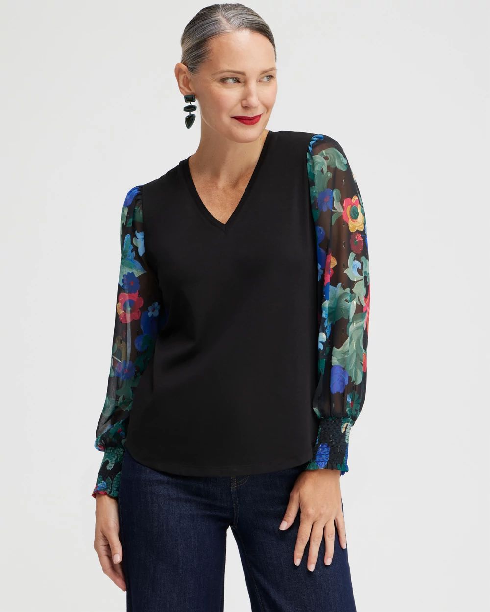 Knit Woven Clip Dot Sleeve Top