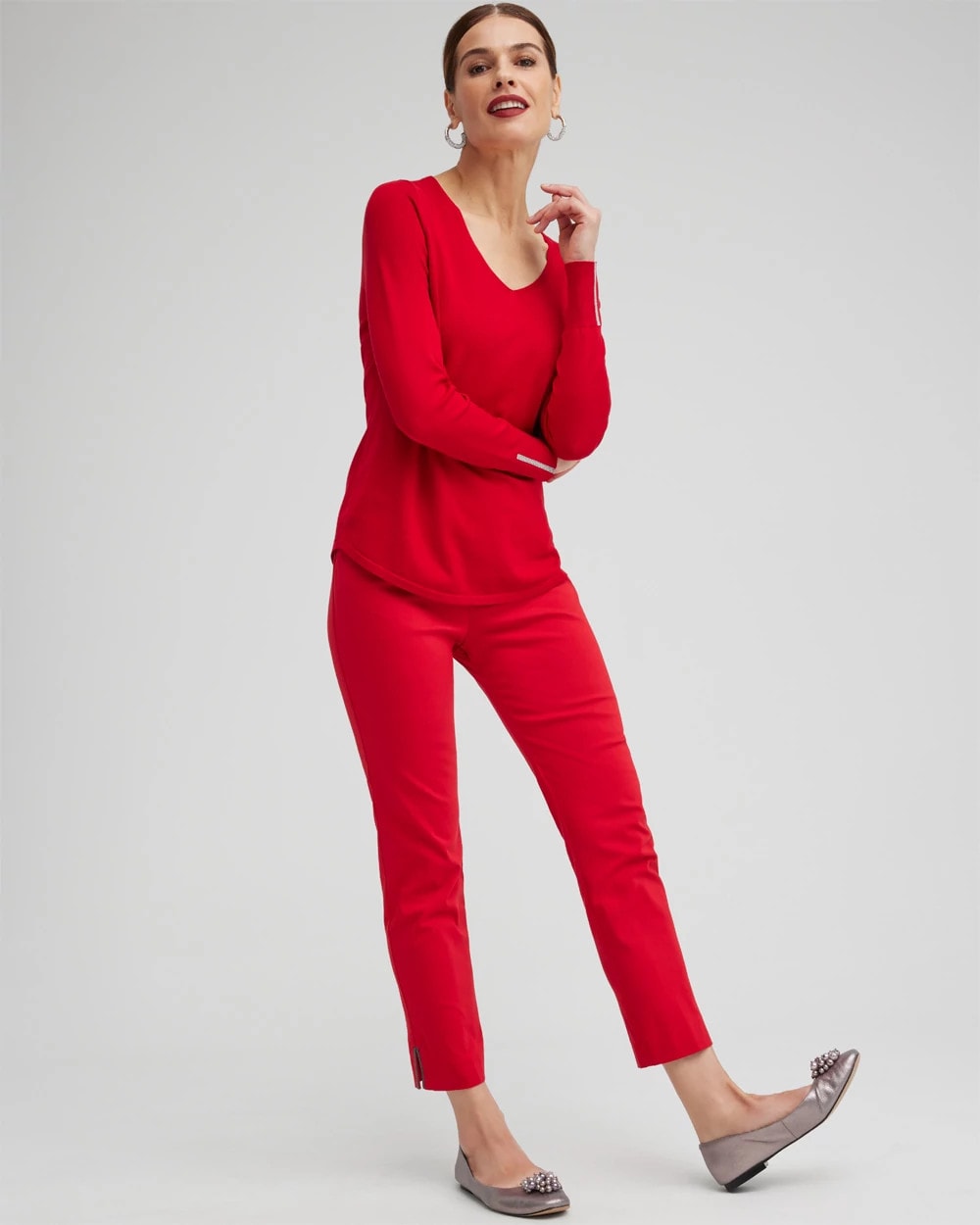 Caviar Trim V-Neck Pullover Sweater