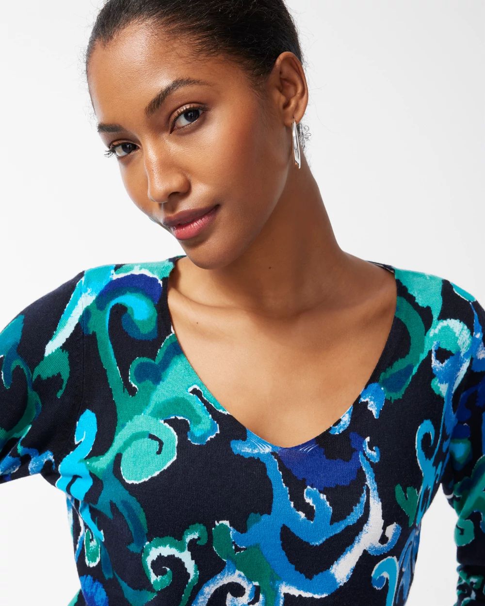 Spun Rayon Scroll Print V-Neck Sweater