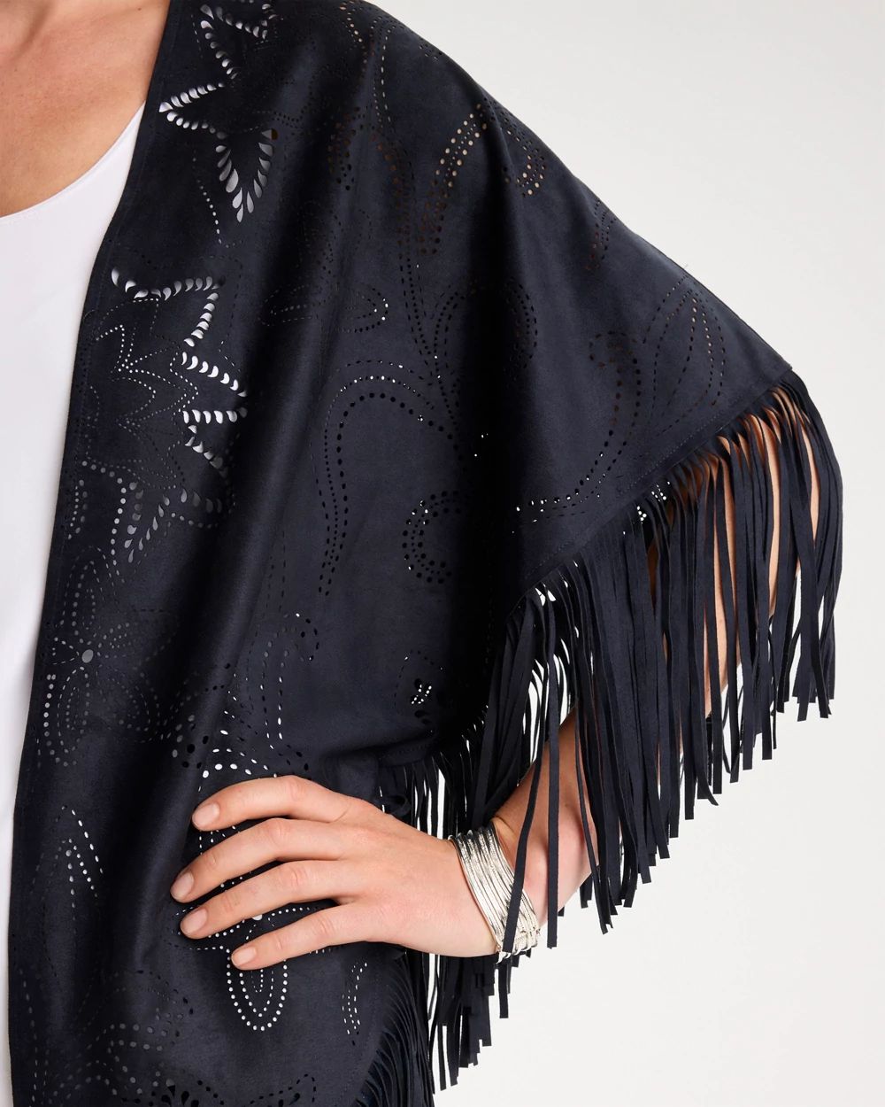 Cutout Faux Suede Fringe Ruana click to view larger image.