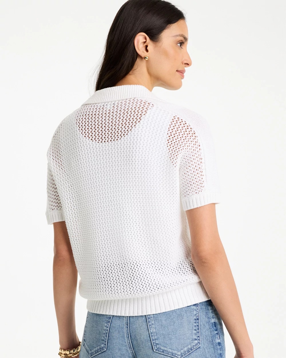 Sequin Pointelle Pullover Polo Sweater