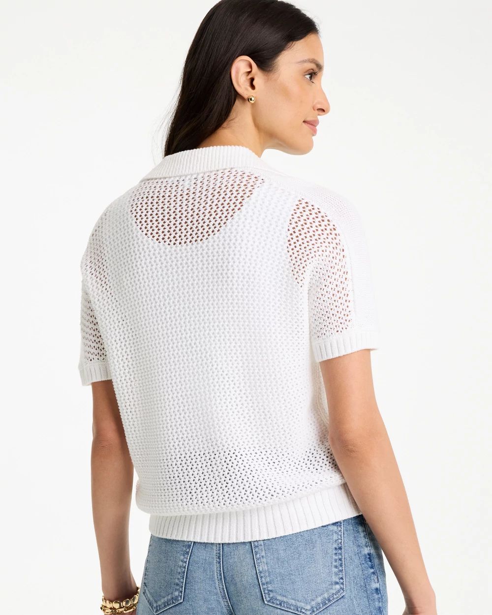 Sequin Pointelle Pullover Polo Sweater