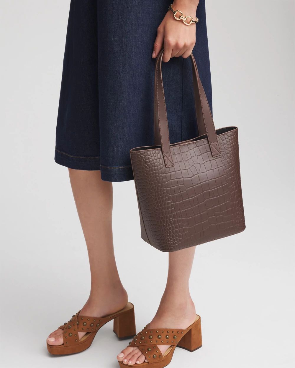 Crocodile Motif Leather Tote Bag