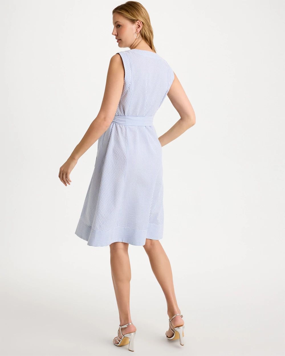 Seersucker V-Neck Sleeveless Dress