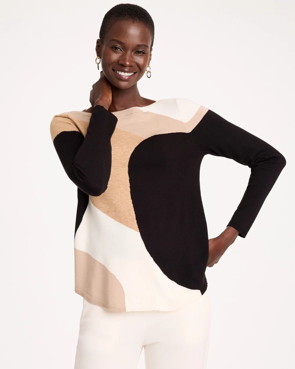 Chico's Intarsia Ella Bateau Pullover Sweater In Black