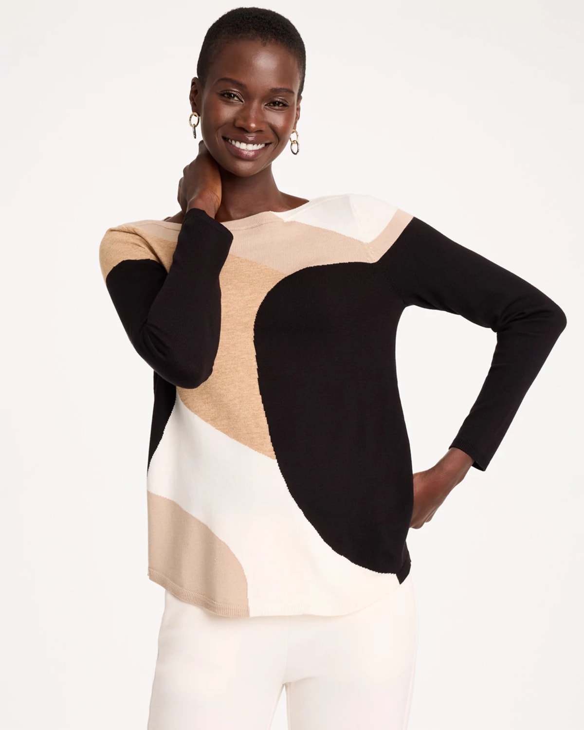 Chico's Intarsia Ella Bateau Pullover Sweater In Black