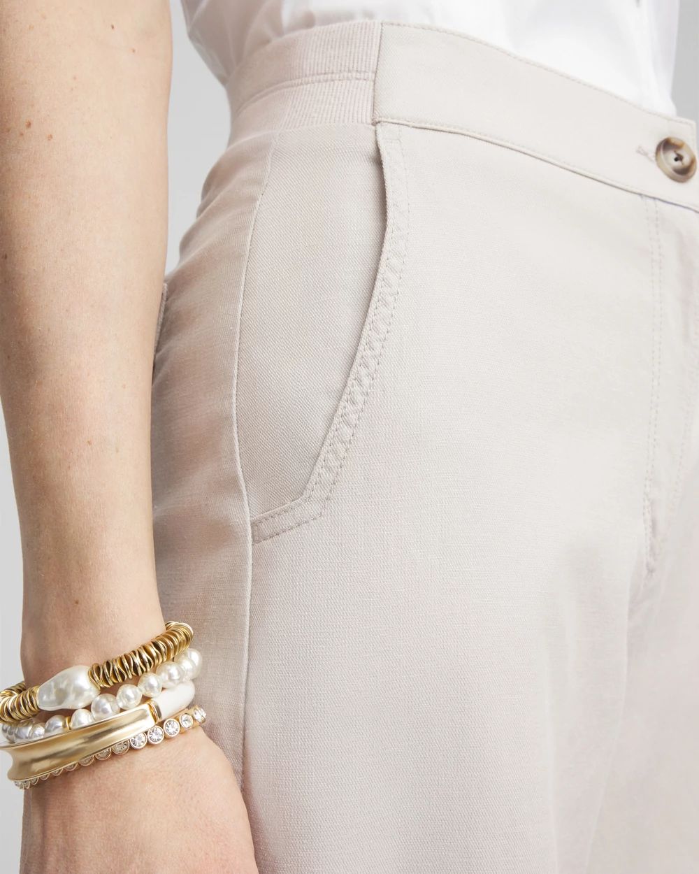 Ribbed Waist Linen Blend Straight-Leg Cropped Pants