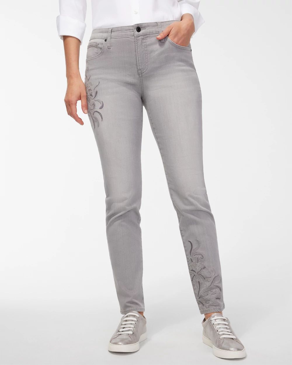 Girlfriend Tonal Embroidery Ankle Jeans