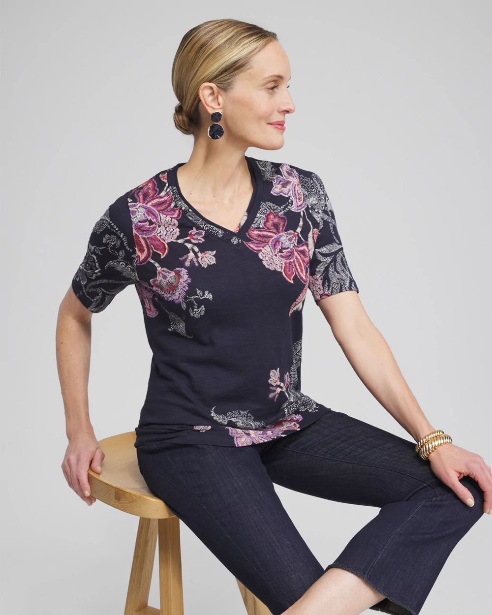 Placed Floral Elbow Sleeve A-line Tee
