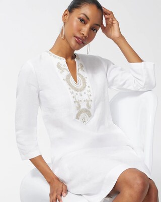 Linen Embellished White Tunic Dress