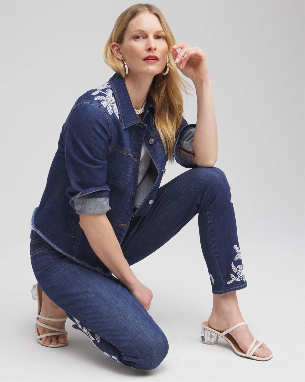 Fray Hem Embroidered Denim Jacket
