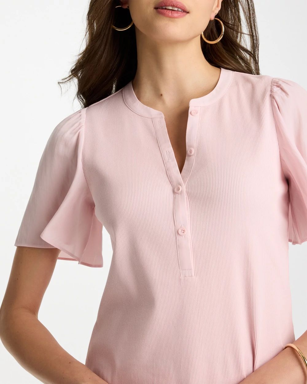 Rib Knit Woven Flutter Sleeve Tee click to view larger image.