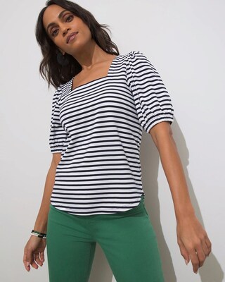 Stripe Square Neck Puff Sleeve Tee