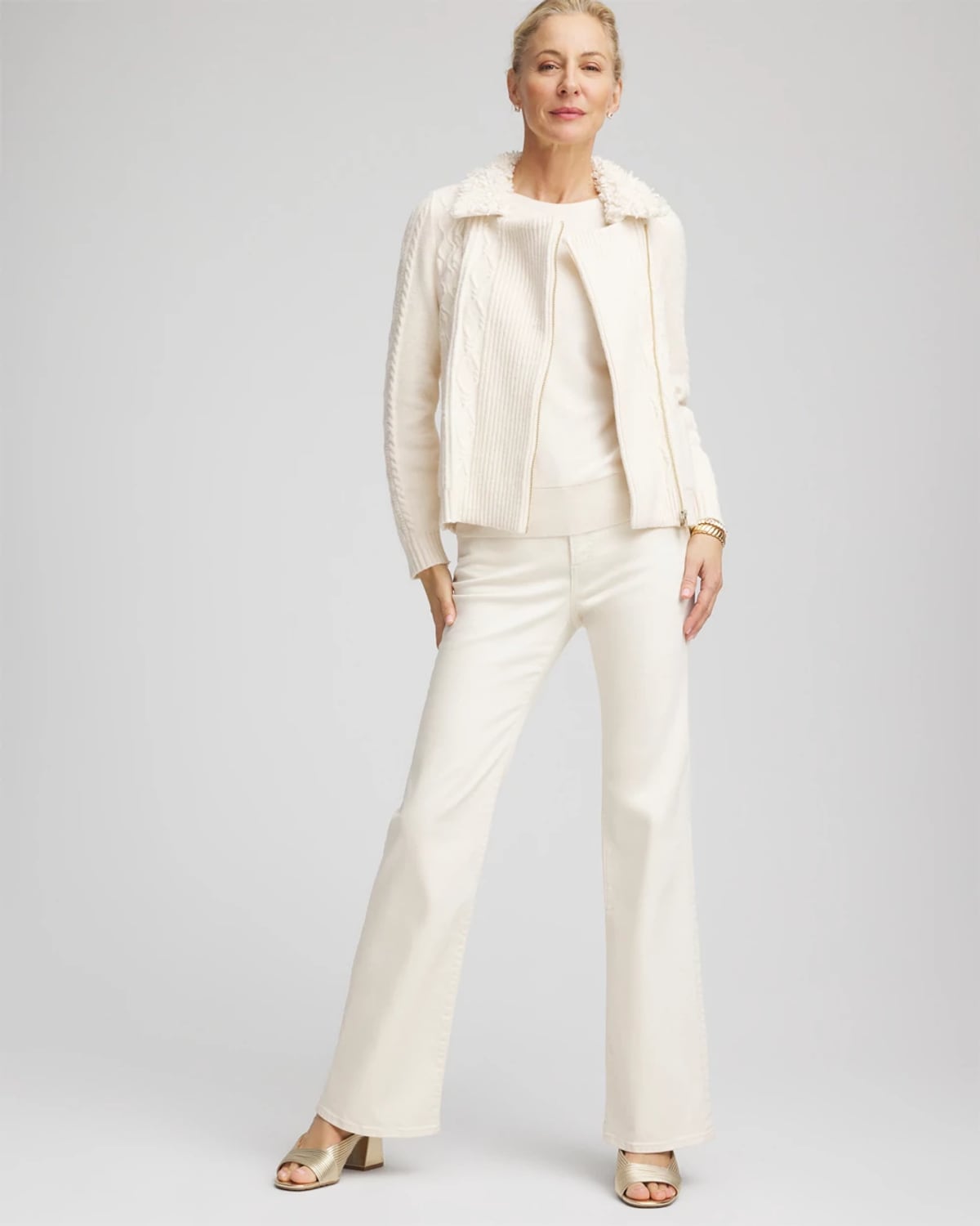 Chico's Fur Trim Moto Cardigan Sweater In Cream