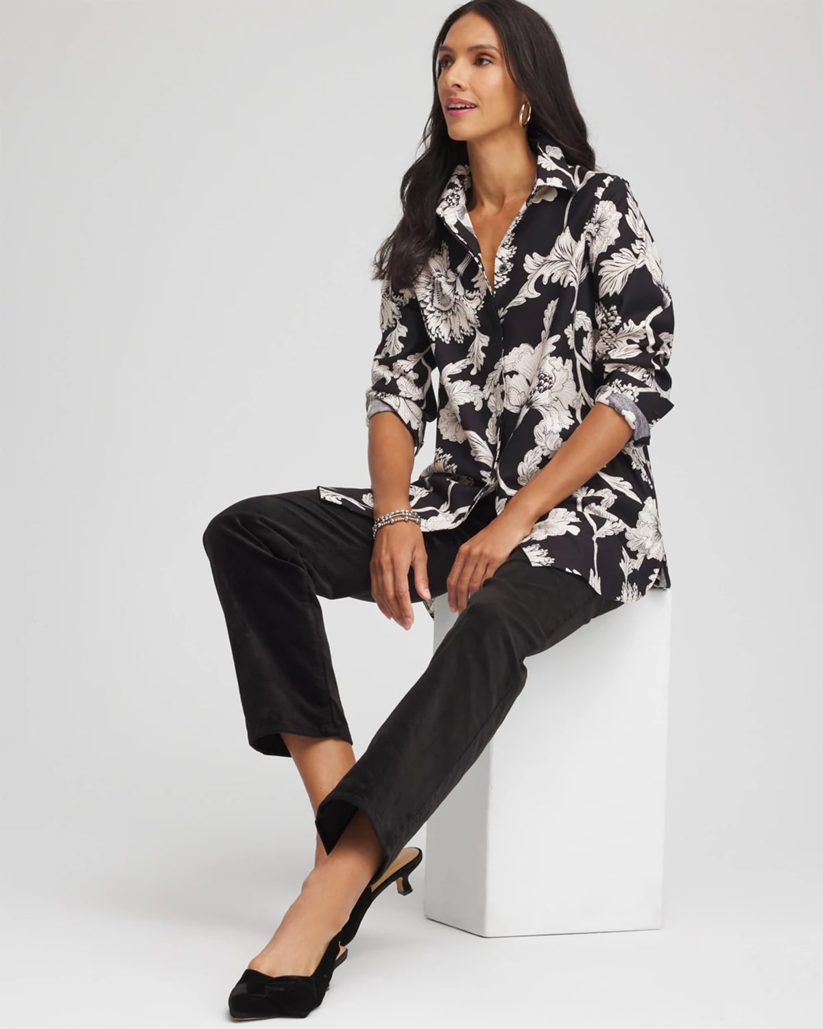 Chico's No Iron Bryne Bloom Stretch Tunic In Black In Black