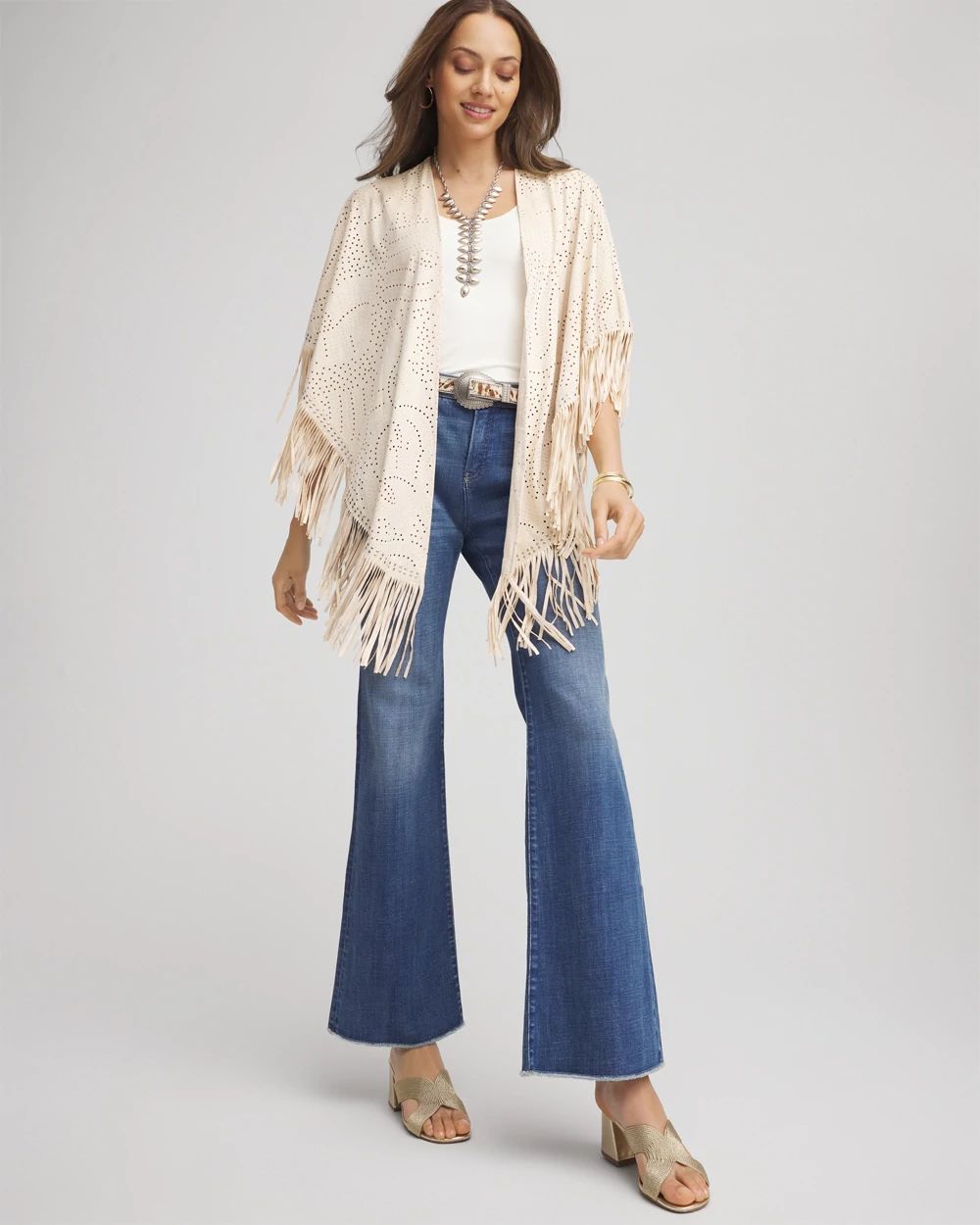 Perforated Suede-Motif Fringe Ruana