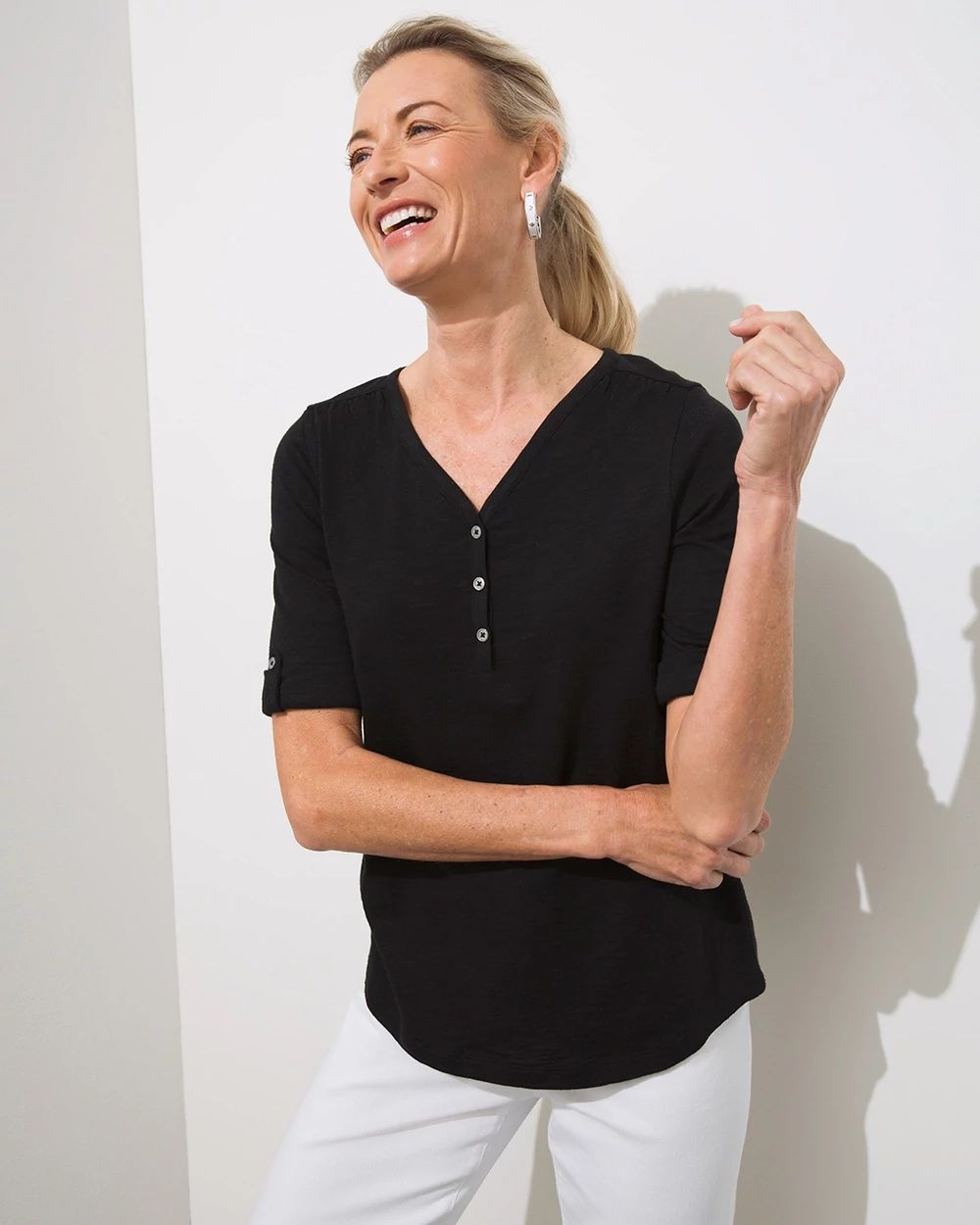 Henley Elbow Sleeve Slub Tee