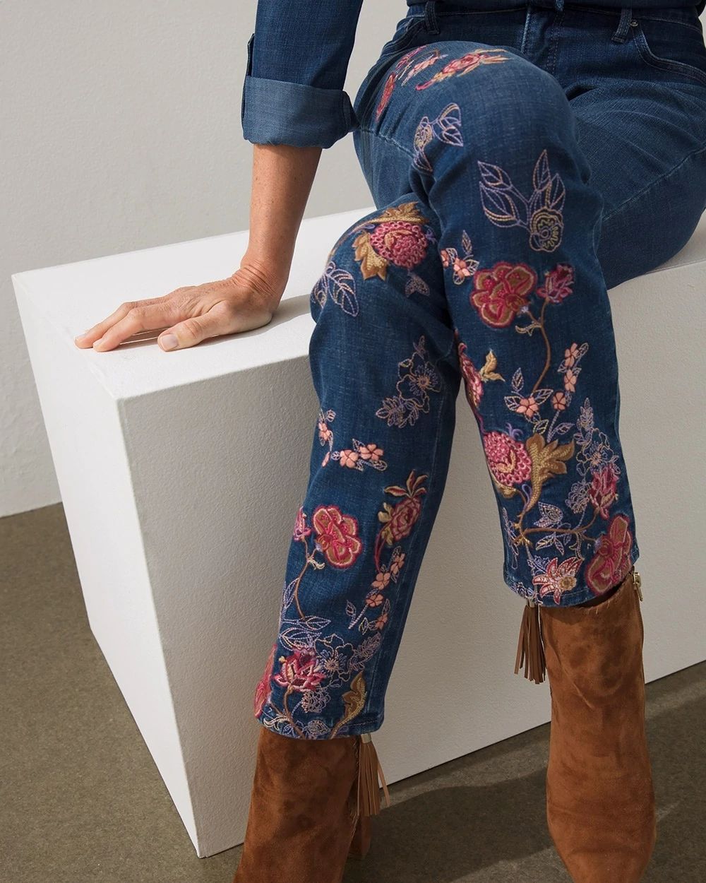 Girlfriend Floral Embroidered Ankle Jeans