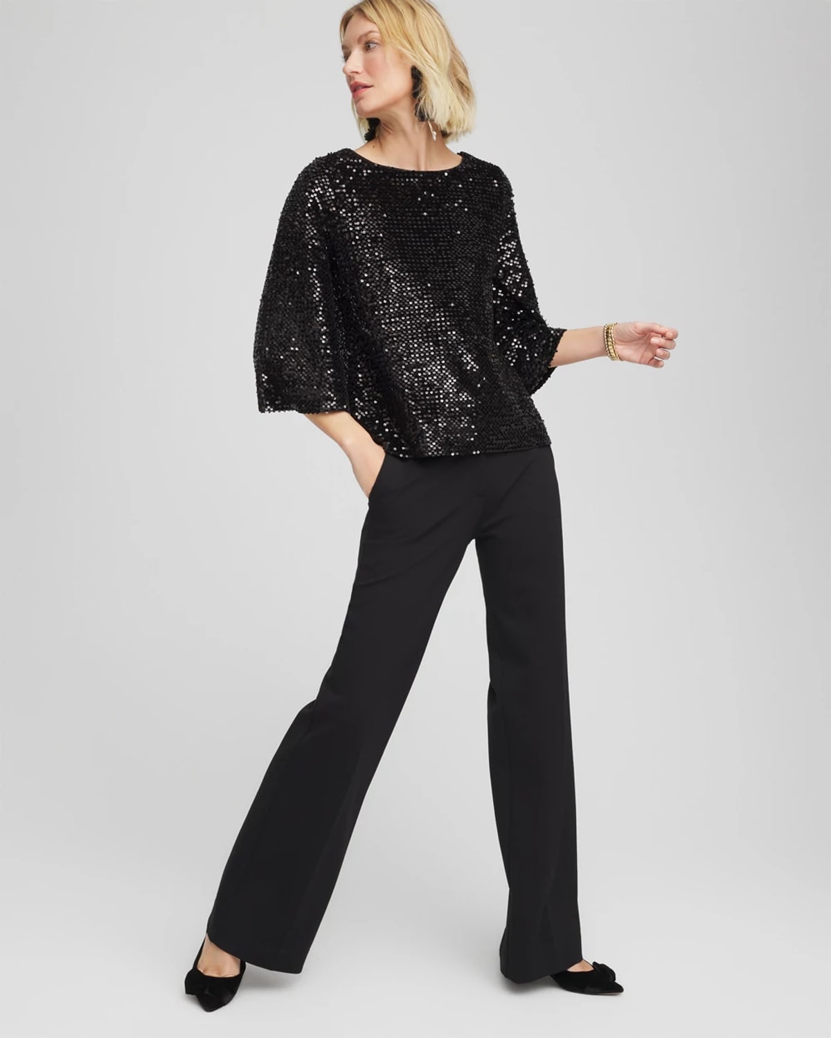 Chico's Sparkling Sequin Party Tee In Black In Black