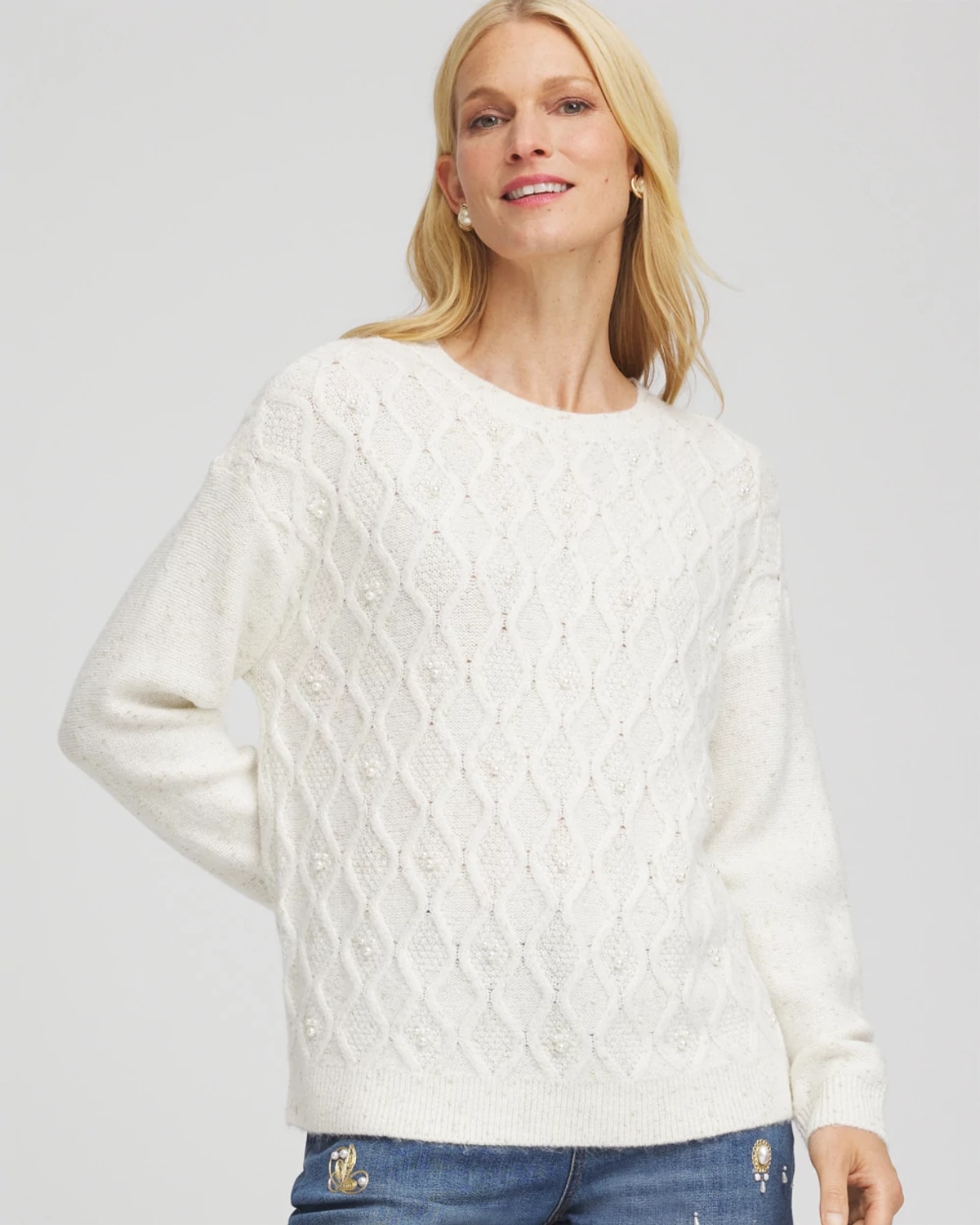 Chico's Embellished Cable Knit Sweater In Cream In White