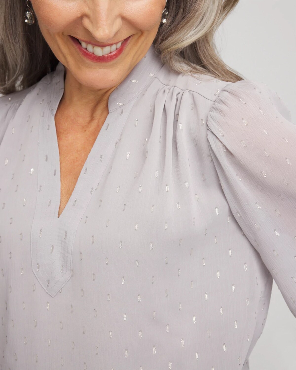Chico's Georgette Clip Dot Blouse In Denim In Gray