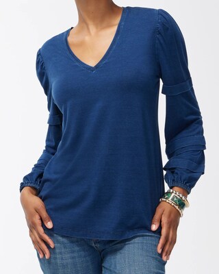 Chambray Sleeve V-Neck Top