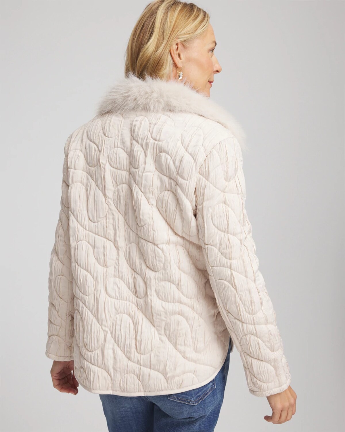 Chico's Quilted Faux Fur Collar Jacket In Cream In Neutral