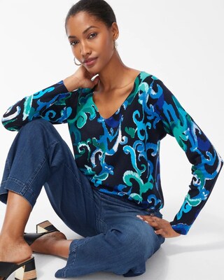 Spun Rayon Scroll Print V-Neck Sweater