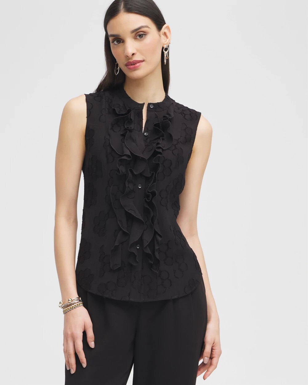 black high neck ruffle blouse