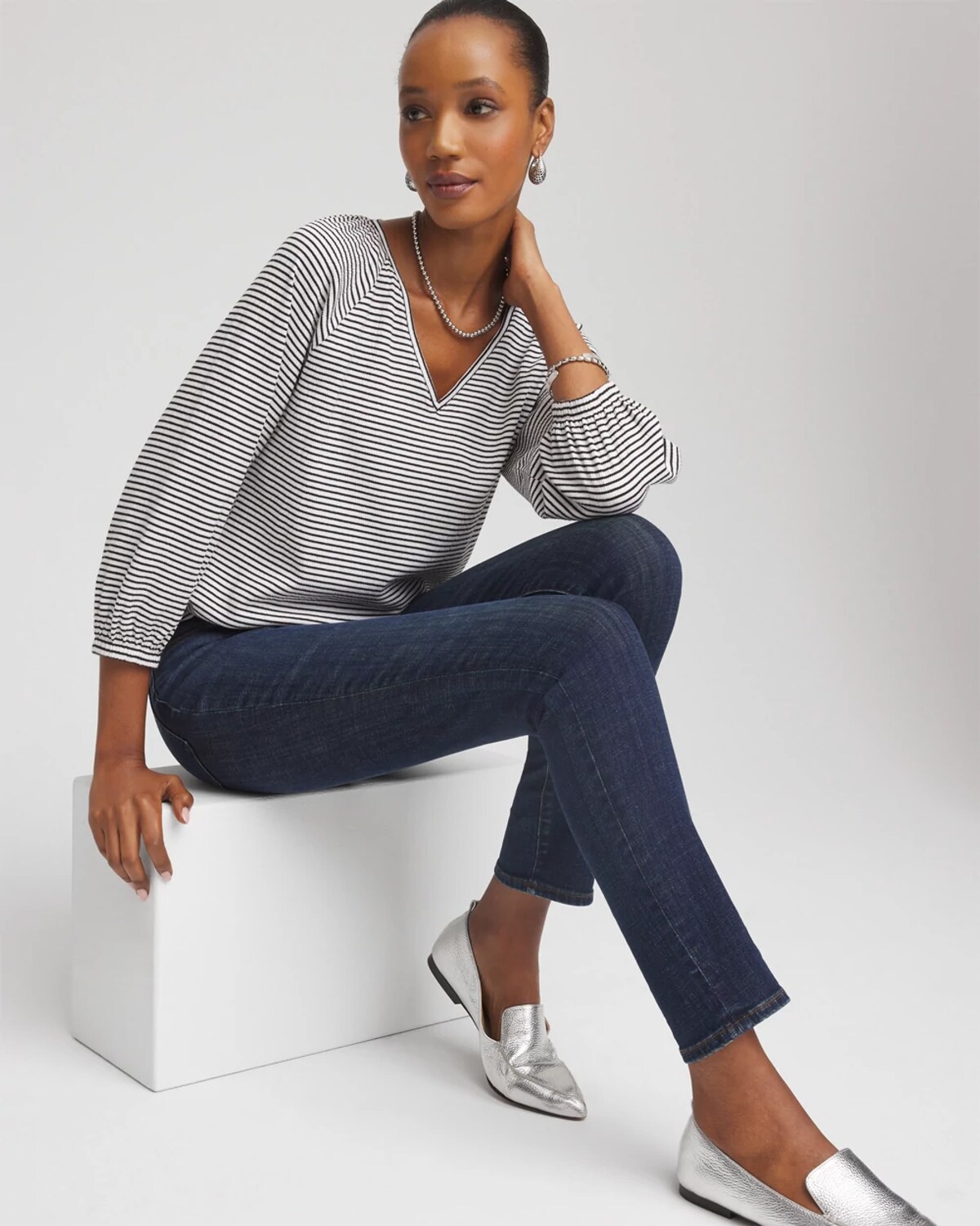 Chico's Striped Crinkled Raglan Top In White In White