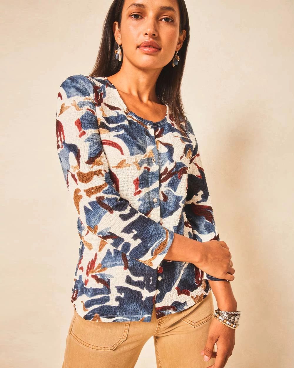 Printed Textured Scoopneck Cardigan