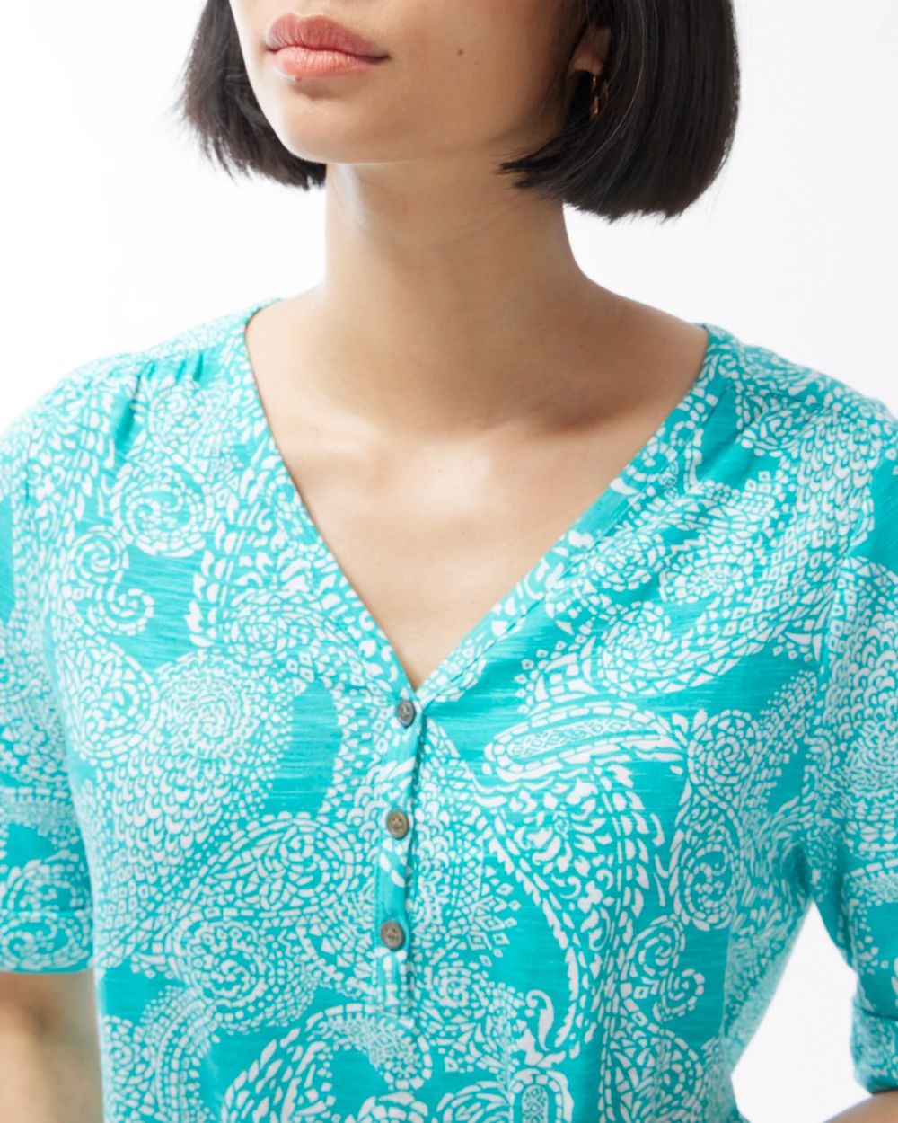 Paisley Henley Elbow Sleeve Slub Tee